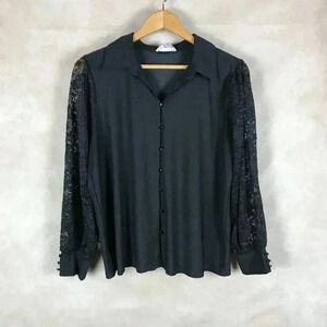 RIO & RIAN Stretchy Button Front Blouse with Lace Sleeves Large